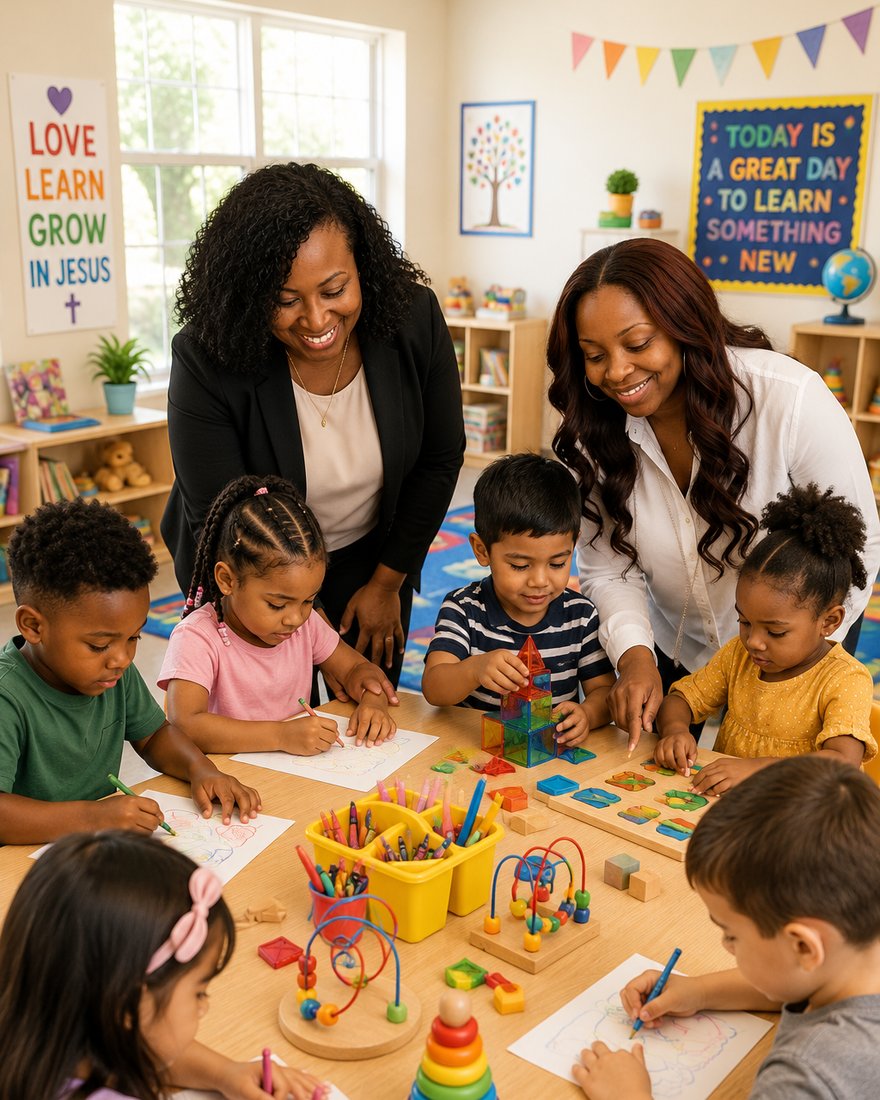 Two teachers helping six children drawing and building at a classroom table
