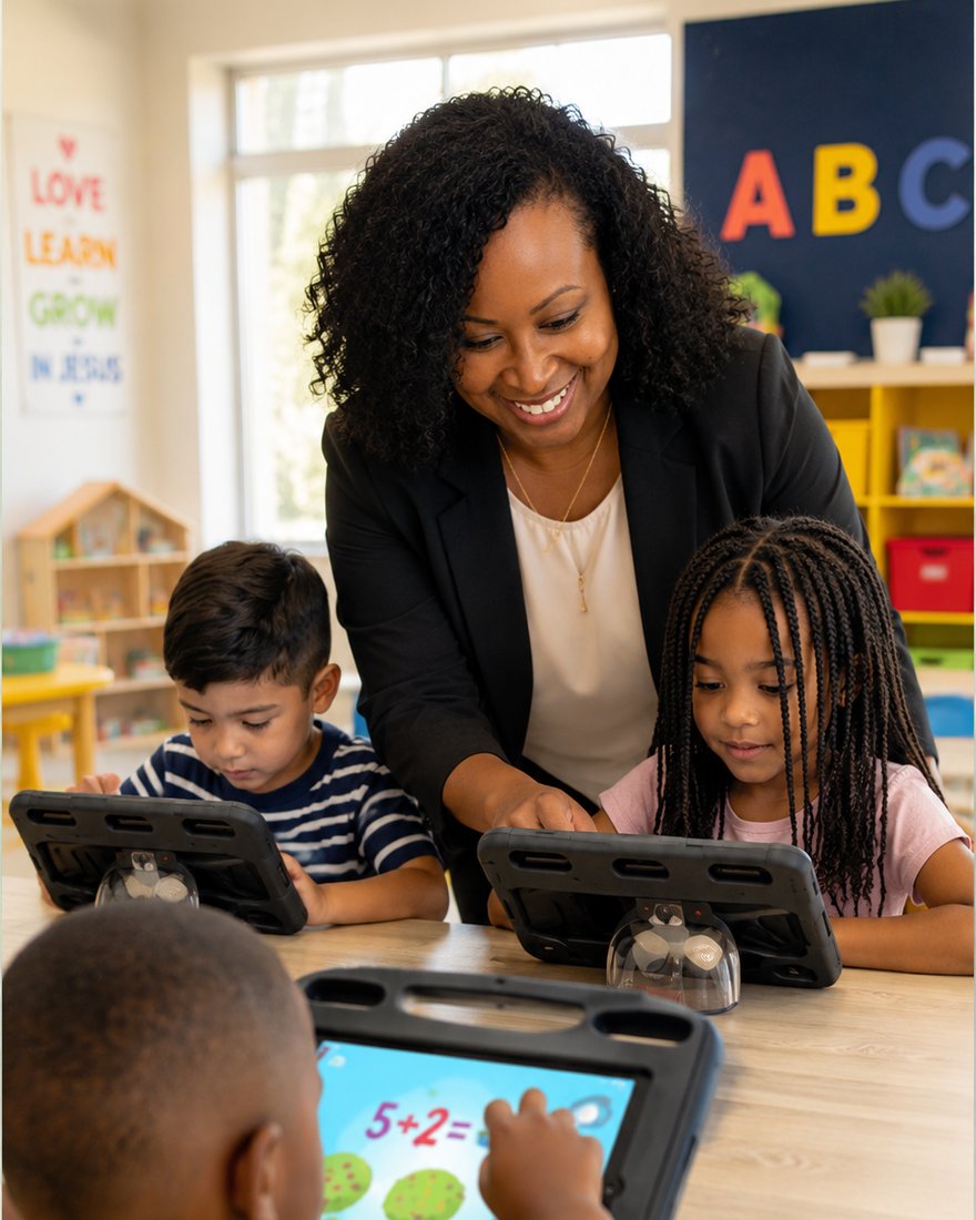 LaWanna Loring leaning over a classroom table helping three children work on learning tablets